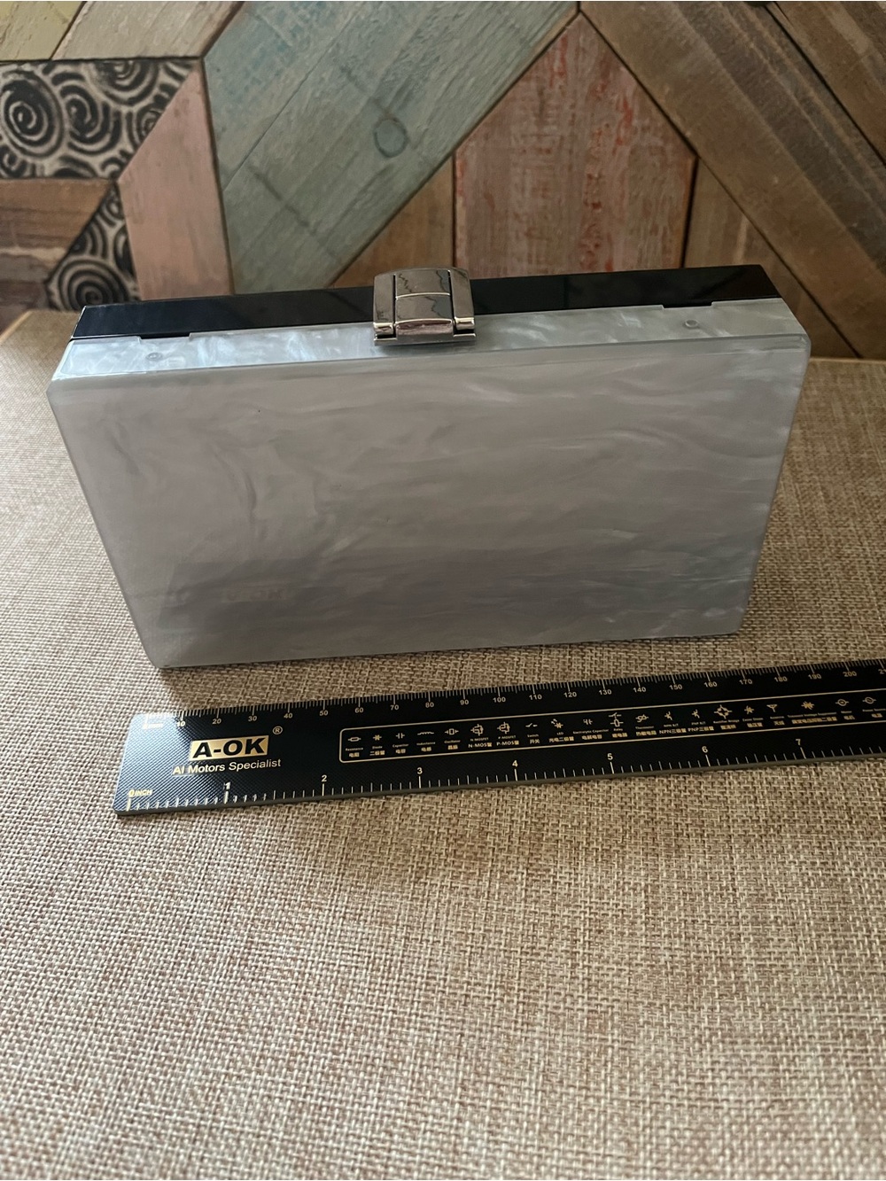 Kate Landry Gray Marble Acrylic Box Clutch with Black Top
